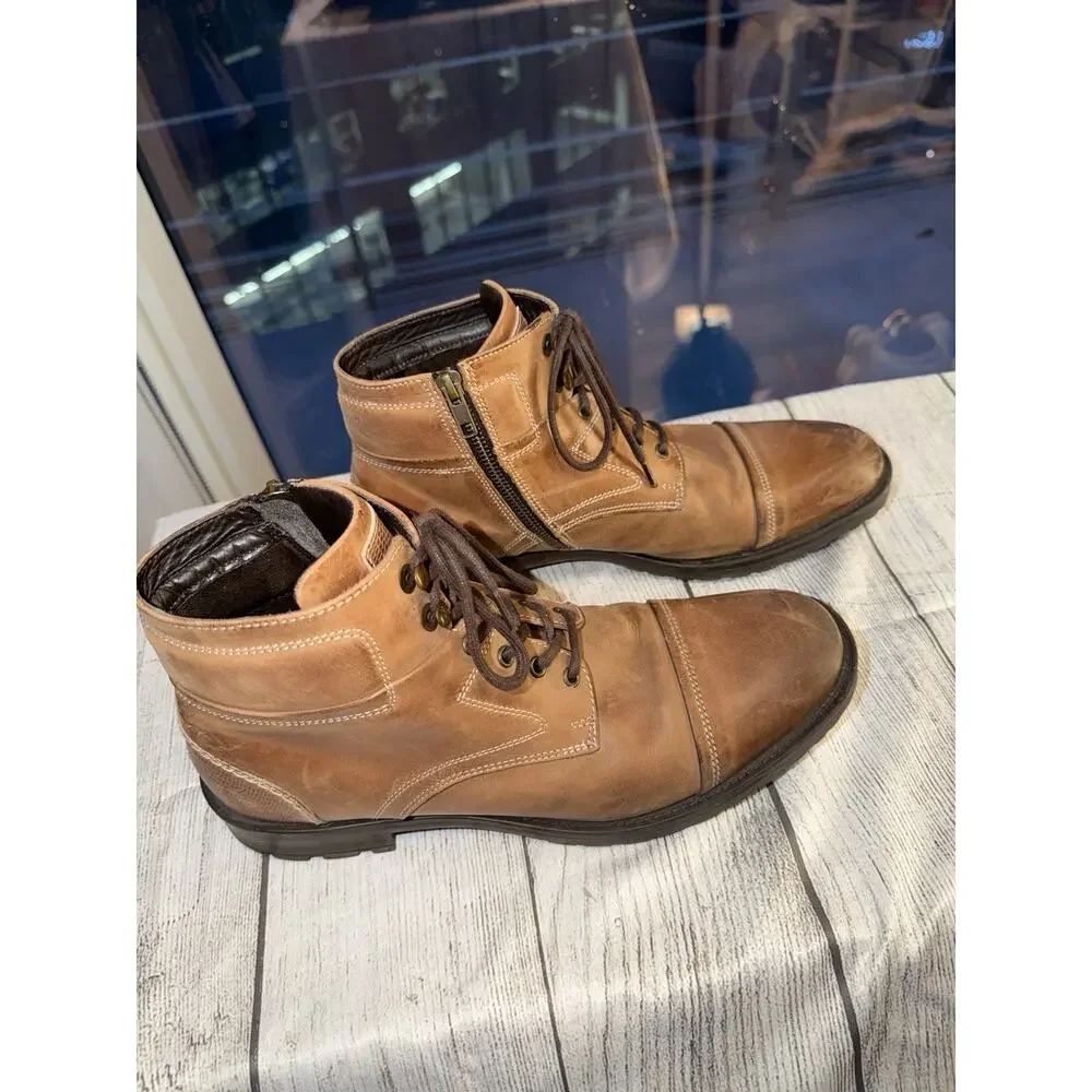 GBX Boots Mens Size 9M Brown Leather Side Zip Chunky Sole Biker Shoes Boots